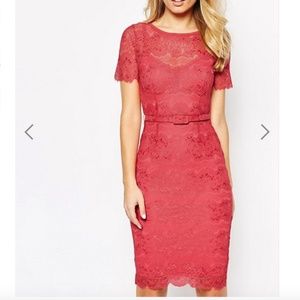 Body Frock Lisa Lace Midi Dress Sheer Belted Red